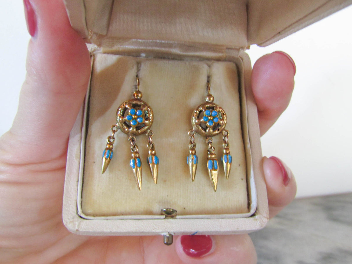 Antique Victorian Etruscan Revival Enamel Forget-Me-Not Earrings c. 1880
