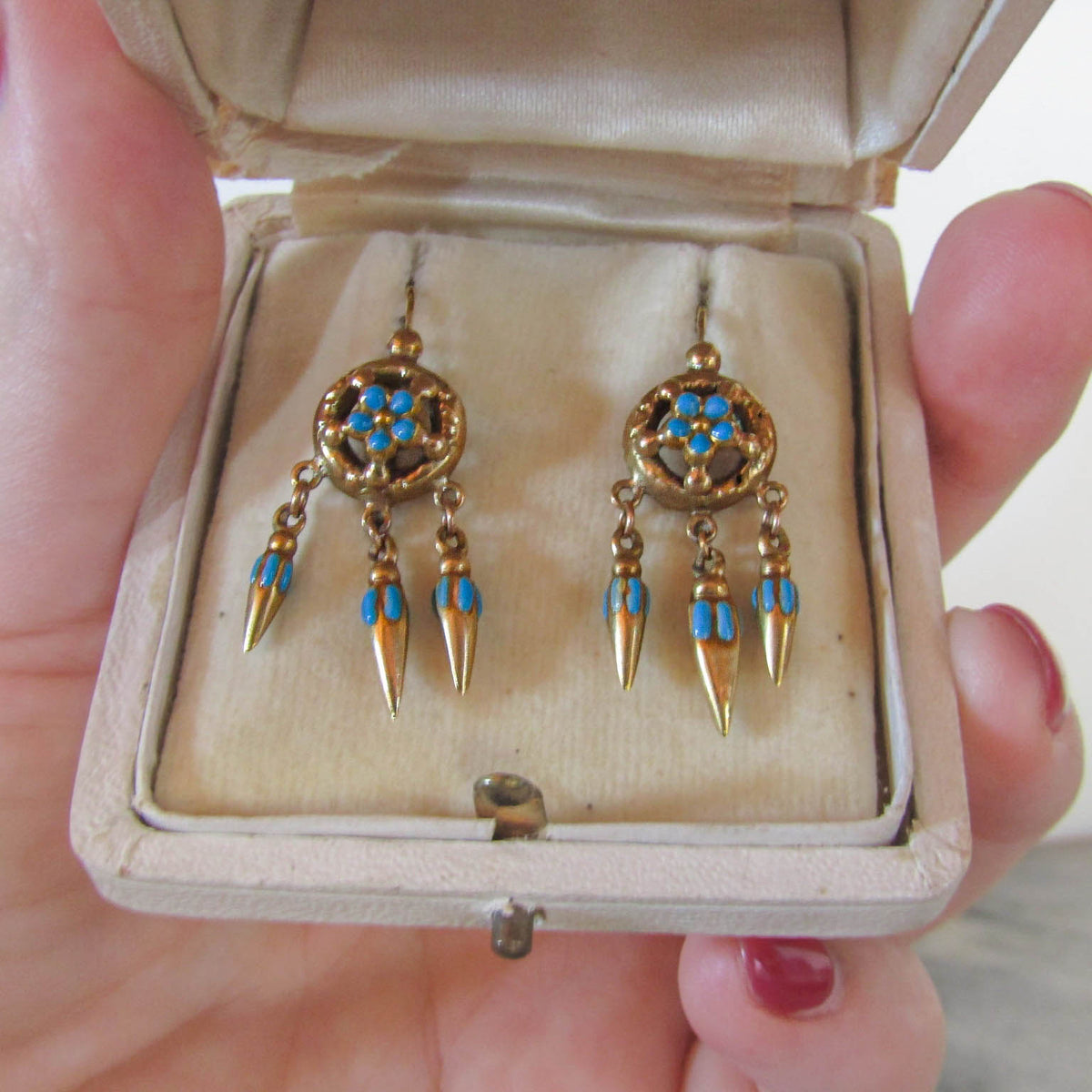 Antique Victorian Etruscan Revival Enamel Forget-Me-Not Earrings c. 1880