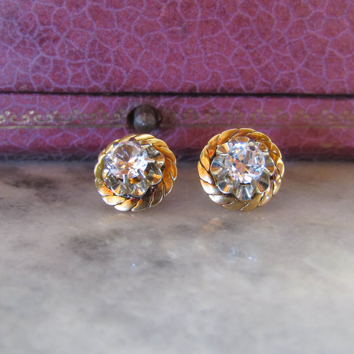 Vintage 18k Solid Gold White Sapphire Art Deco Stud Earrings