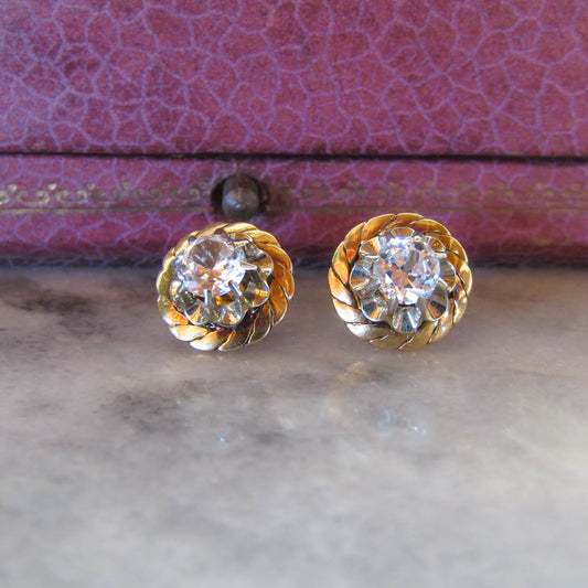 Vintage 18k Solid Gold White Sapphire Art Deco Stud Earrings