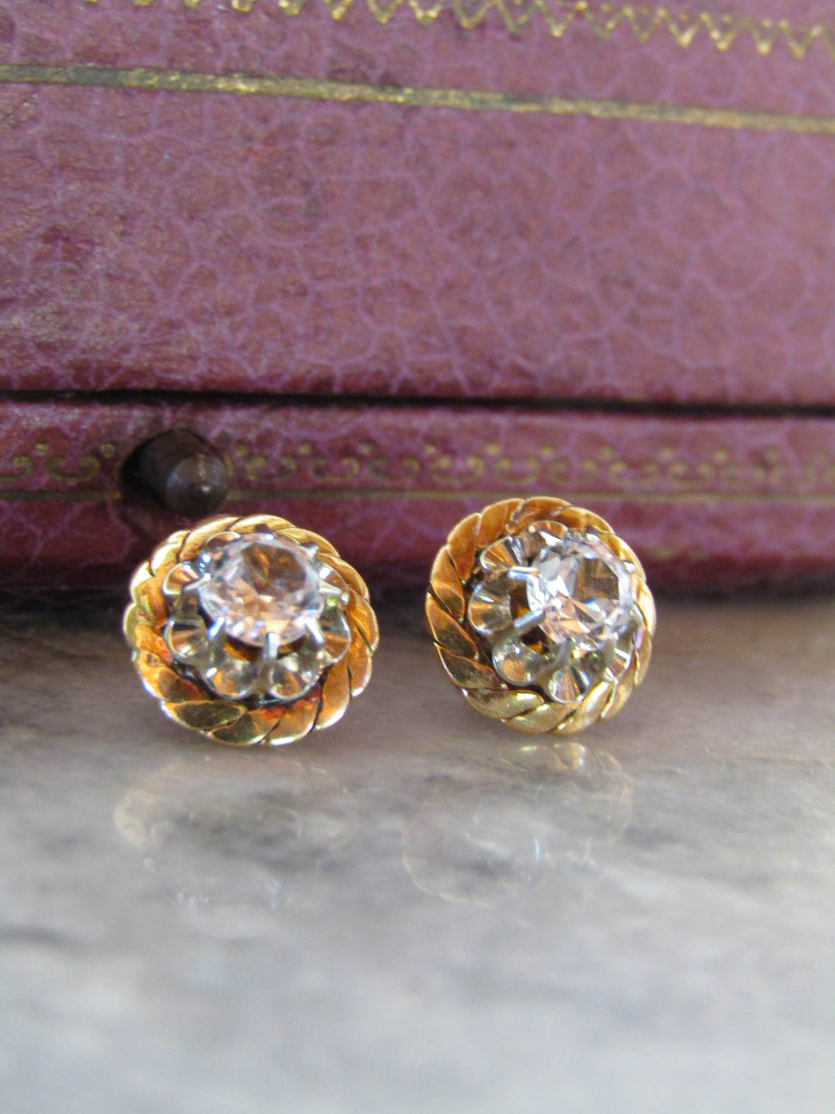 Vintage 18k Solid Gold White Sapphire Art Deco Stud Earrings