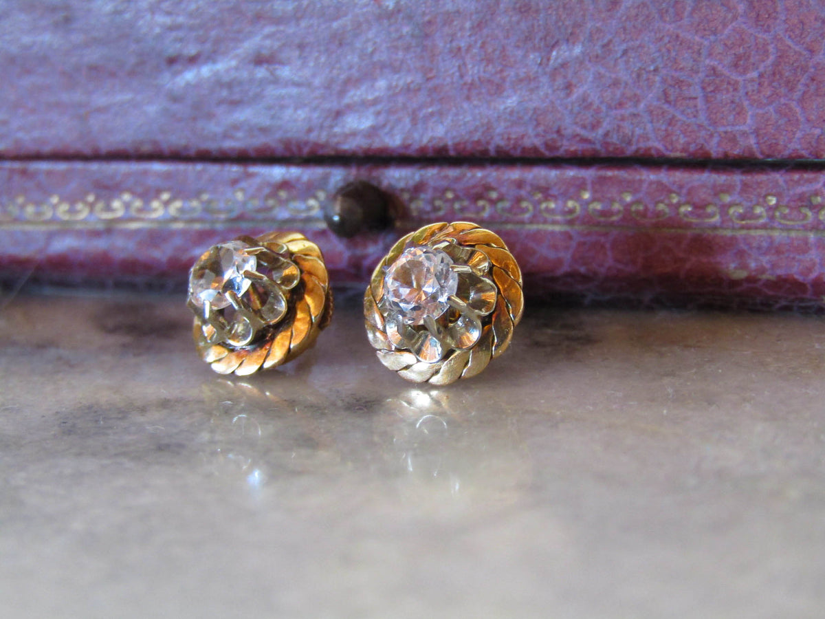 Vintage 18k Solid Gold White Sapphire Art Deco Stud Earrings