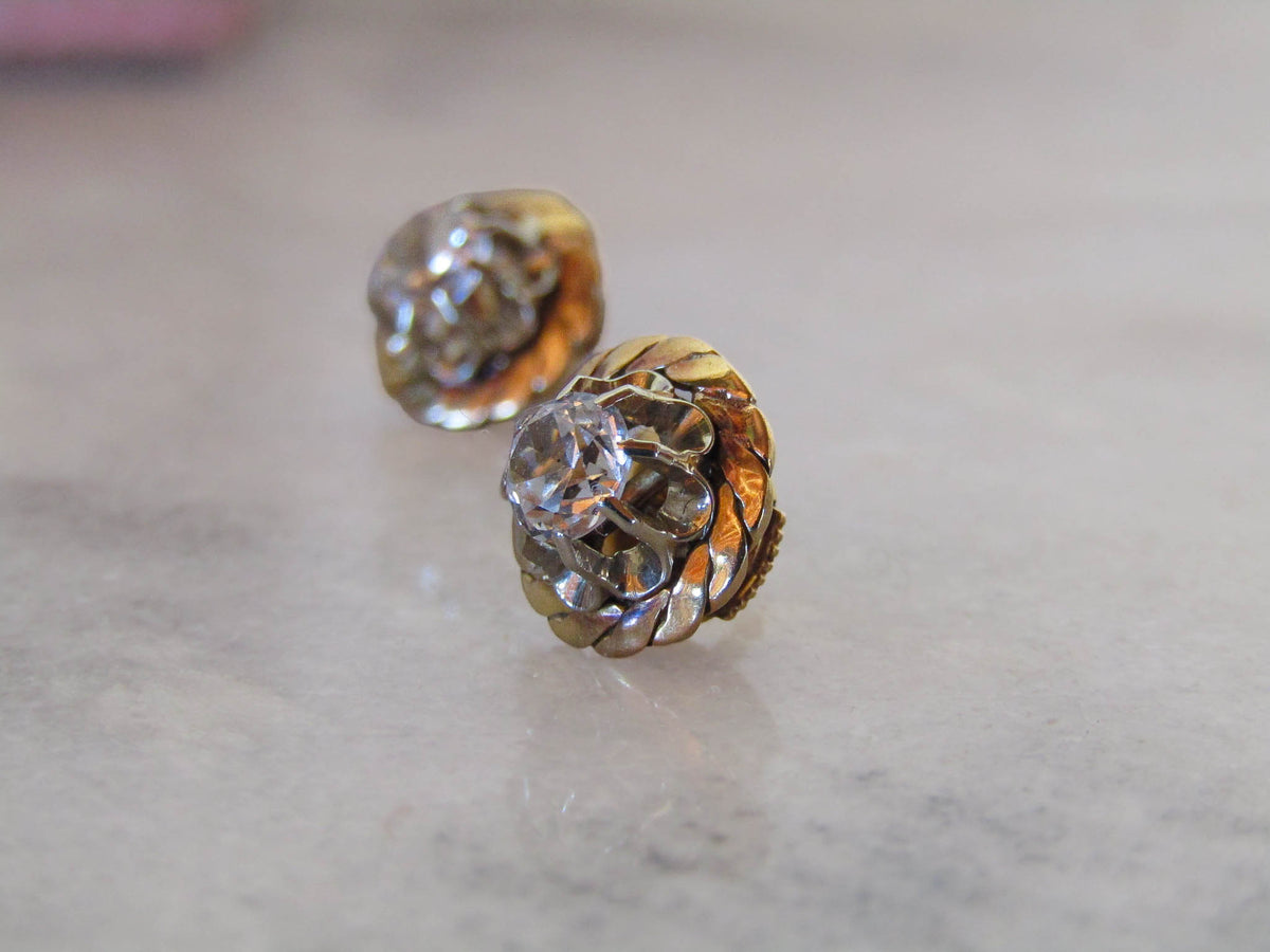 Vintage 18k Solid Gold White Sapphire Art Deco Stud Earrings