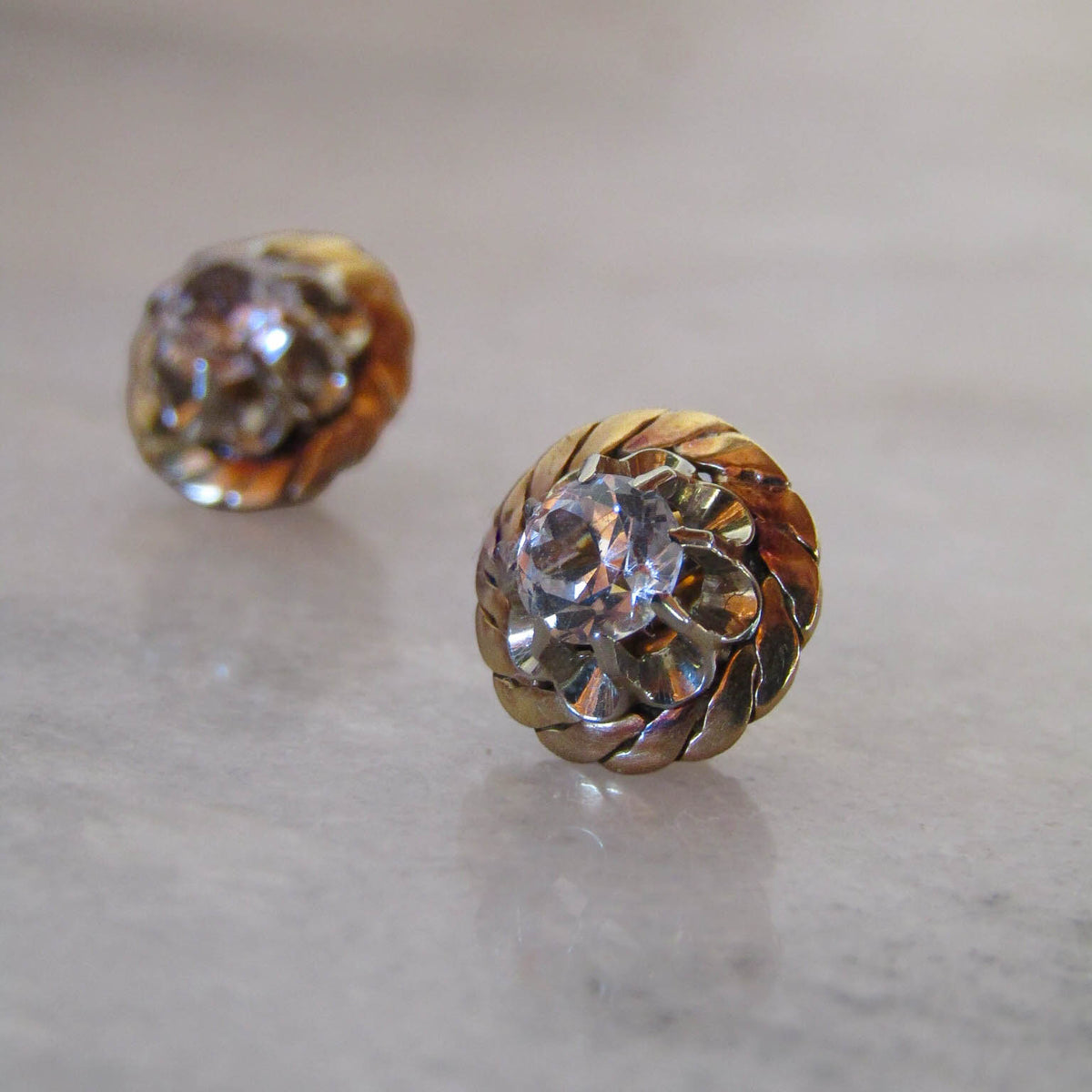 Vintage 18k Solid Gold White Sapphire Art Deco Stud Earrings