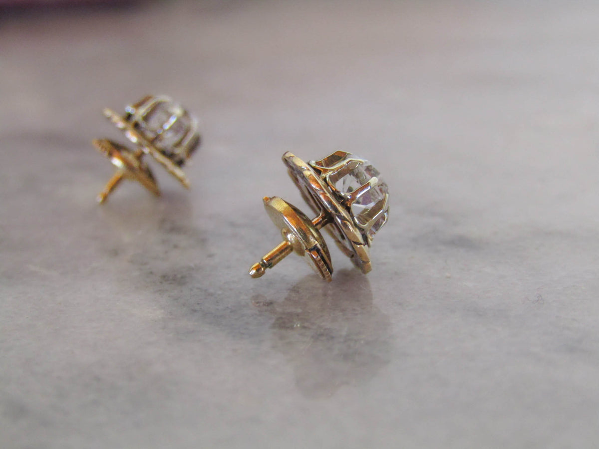 Vintage 18k Solid Gold White Sapphire Art Deco Stud Earrings