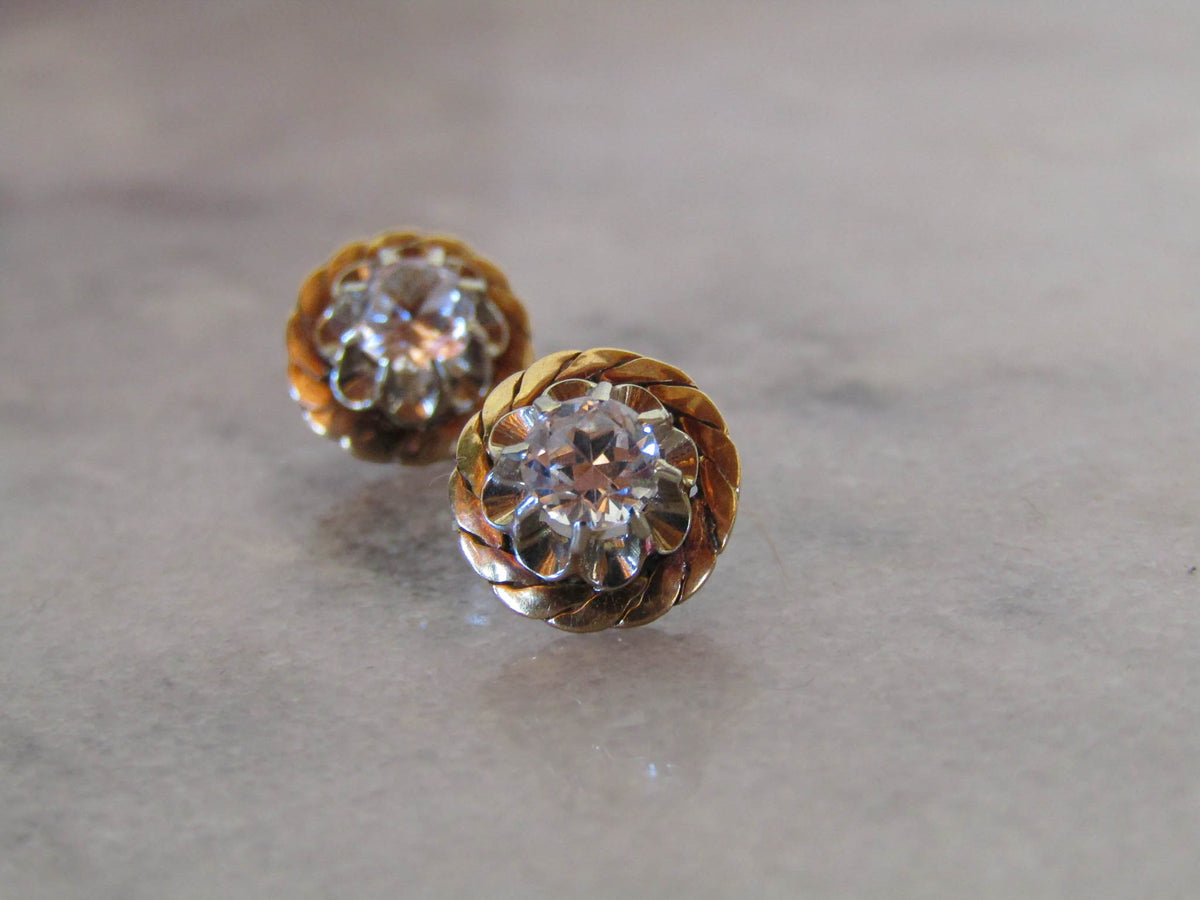 Vintage 18k Solid Gold White Sapphire Art Deco Stud Earrings
