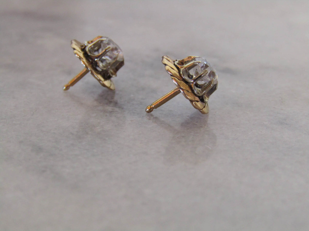 Vintage 18k Solid Gold White Sapphire Art Deco Stud Earrings