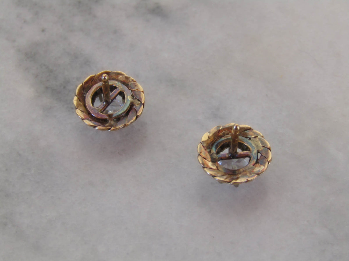 Vintage 18k Solid Gold White Sapphire Art Deco Stud Earrings