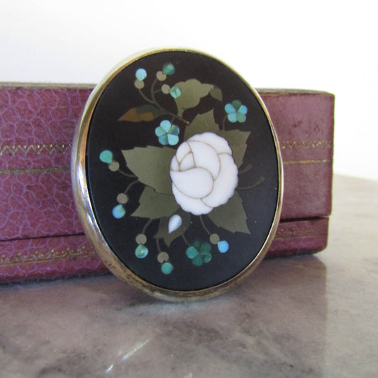 Antique Silver Pietra Dura Pendant Brooch c. 1870