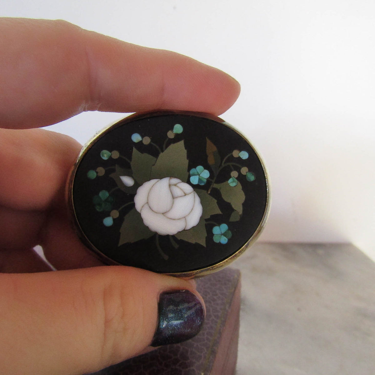 Antique Silver Pietra Dura Pendant Brooch c. 1870