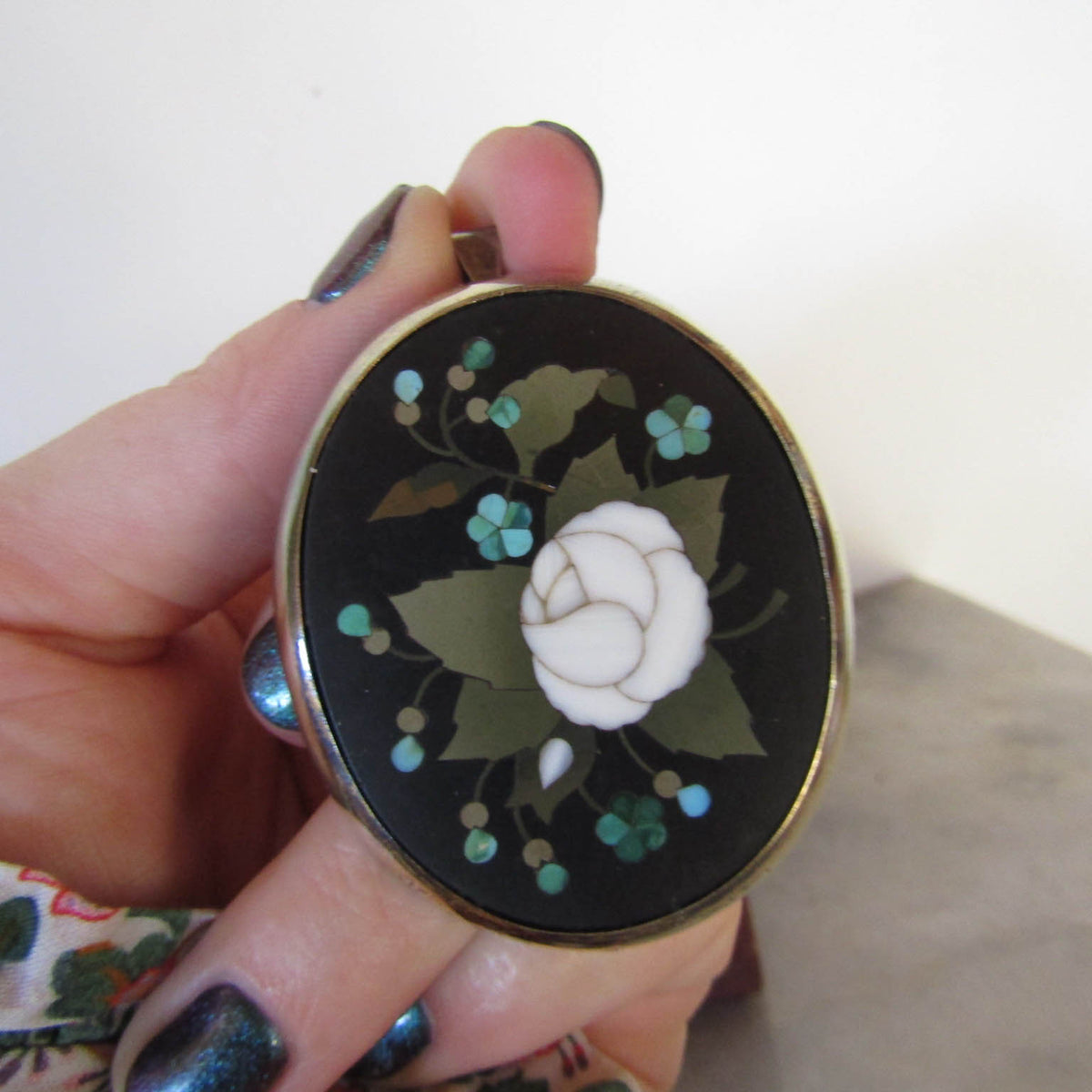 Antique Silver Pietra Dura Pendant Brooch c. 1870