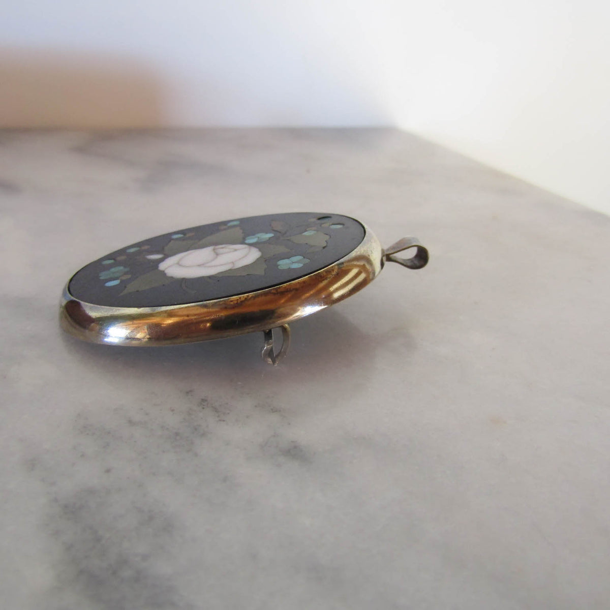 Antique Silver Pietra Dura Pendant Brooch c. 1870