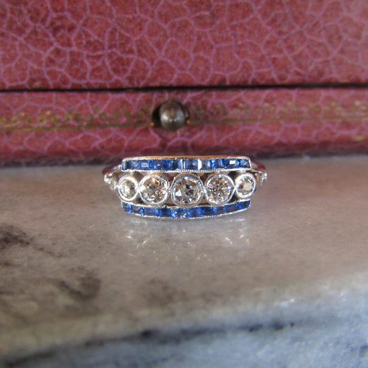 Platinum Five-Stone Ring, Baguette Sapphire Border, Old-Cut Diamonds c. 1920