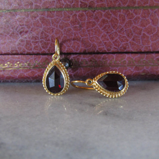 18K Gold Garnet Earrings, Vintage Lever-Back, Eagle Head Hallmark