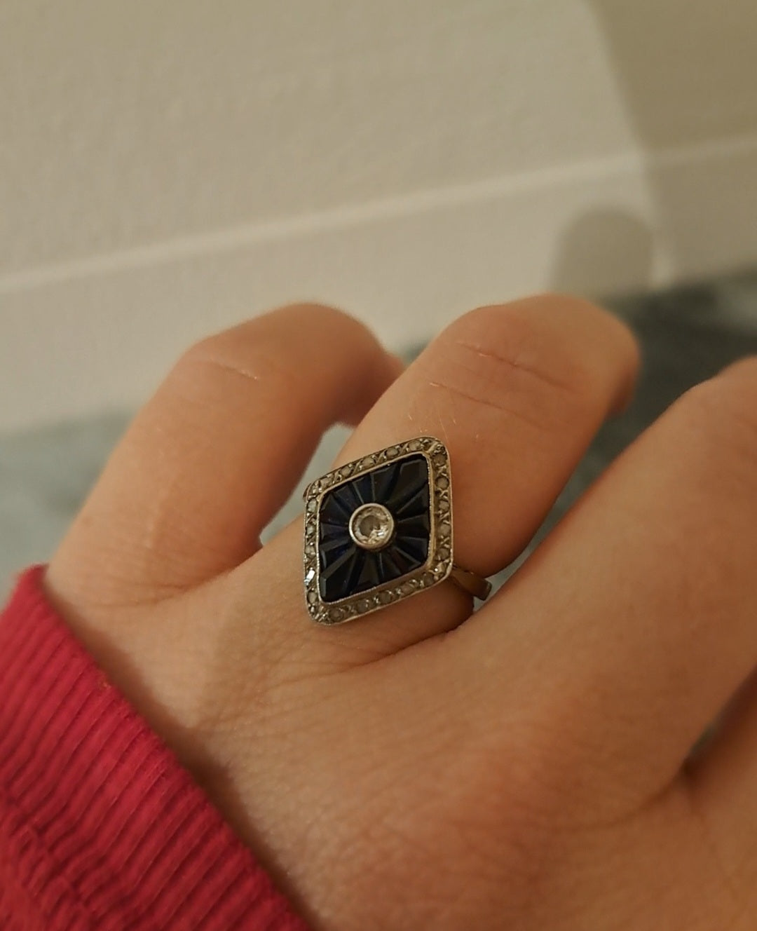 Antique Art Deco Calibrated Sapphire and Diamond Geometric Ring c. 1915