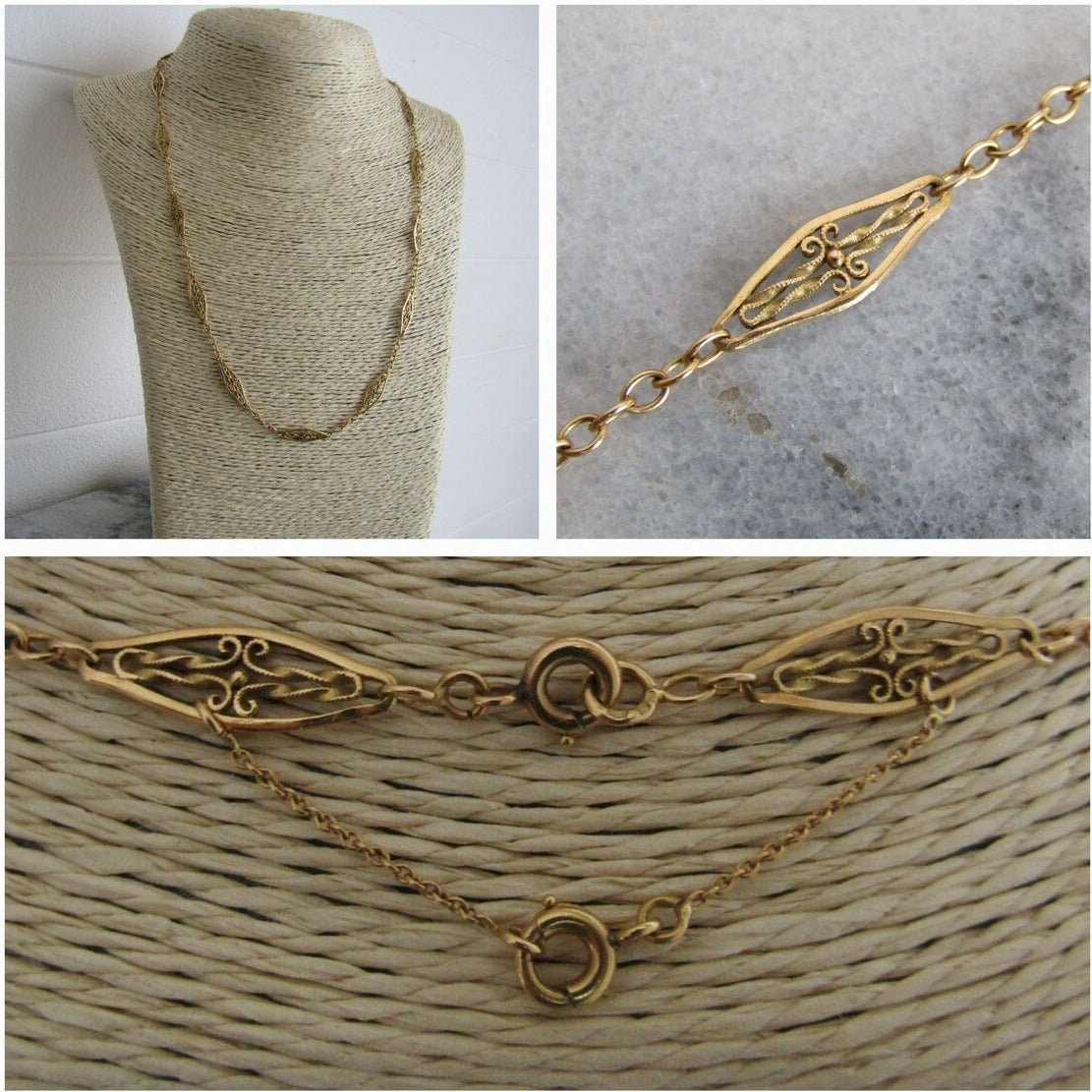22" 18K Solid Gold Filigree Necklace with Safety Chain, Antique French Filigree Sautoir c. 1900