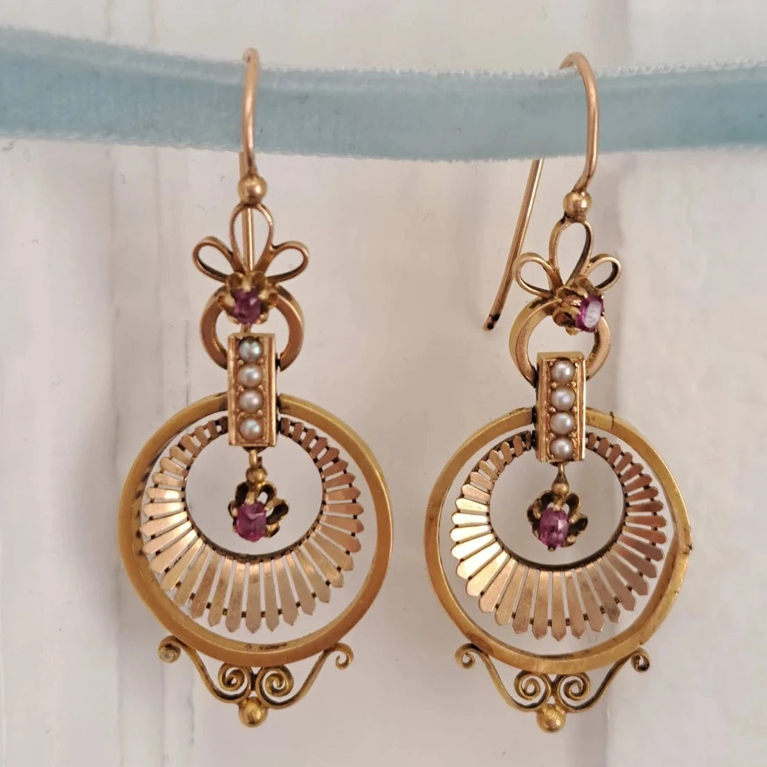 Antique 18K Solid Gold Etruscan Revival Dangle Earrings, Stunning Belle Epoque Ruby and Pearl Drop Earrings c 1860