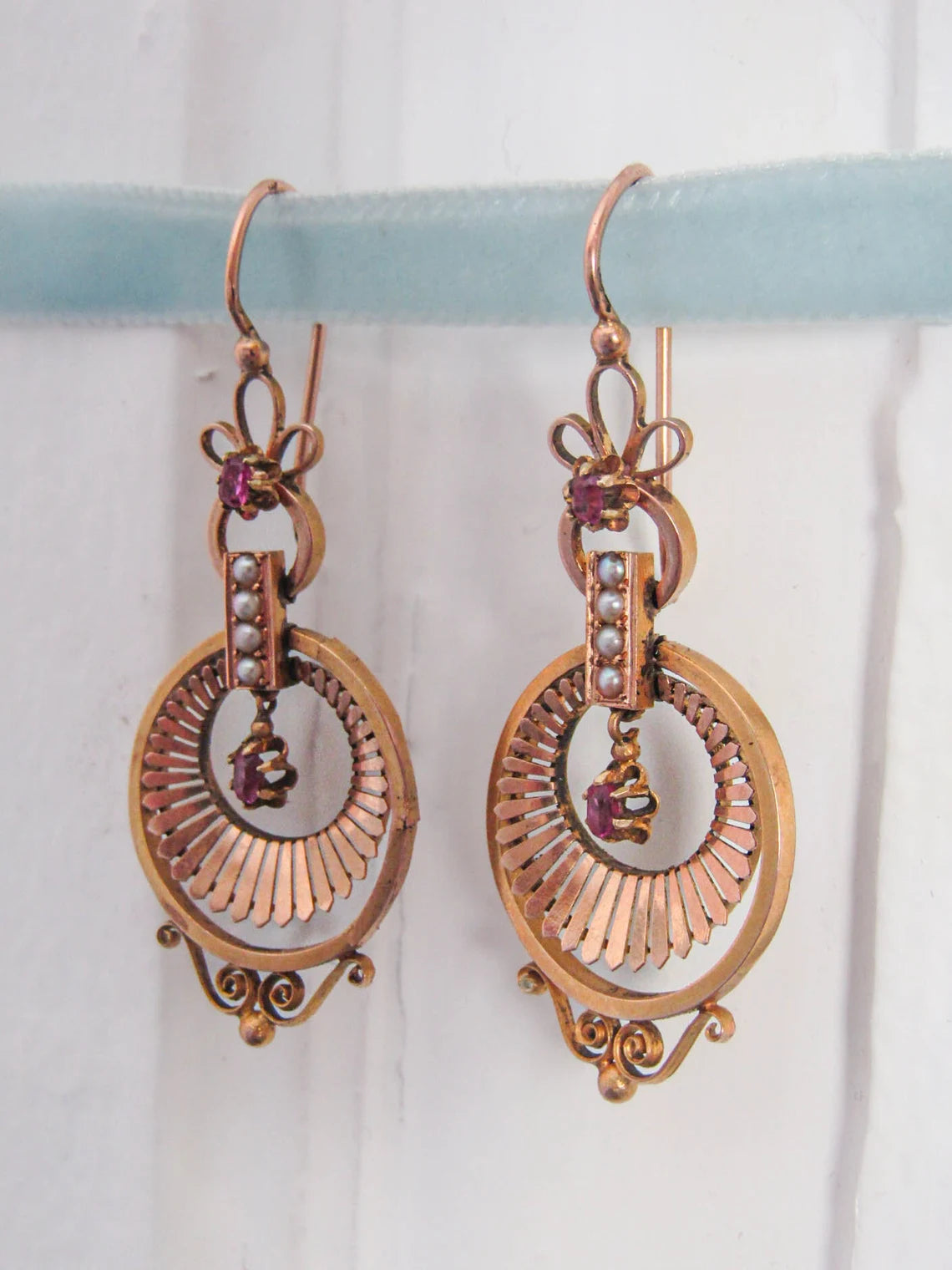 Antique 18K Solid Gold Etruscan Revival Dangle Earrings, Stunning Belle Epoque Ruby and Pearl Drop Earrings c 1860