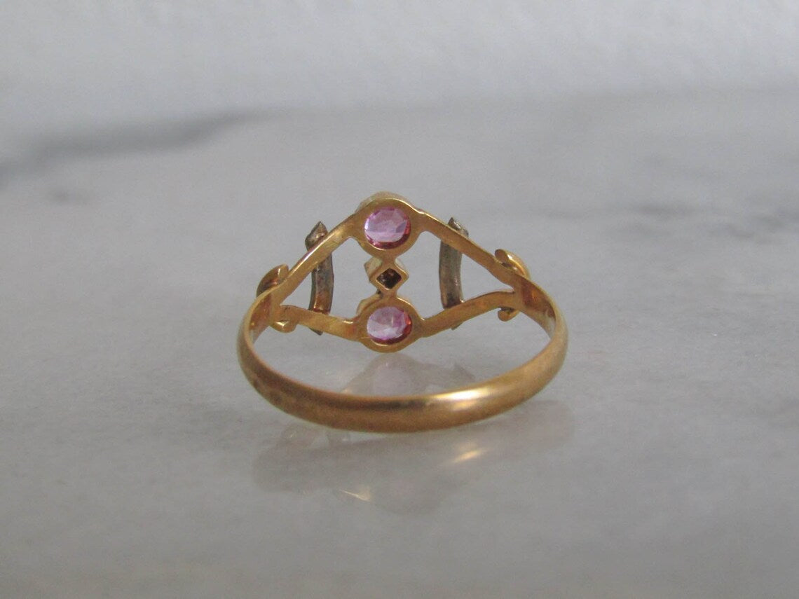 Antique 18K Pink Sapphire Toi et Moi Ring, Vintage French Engagement ring c. 1910