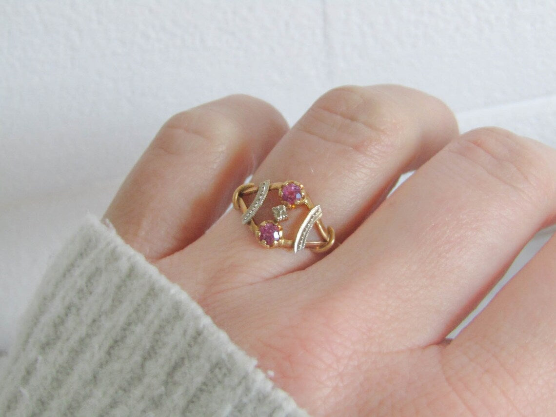 Antique 18K Pink Sapphire Toi et Moi Ring, Vintage French Engagement ring c. 1910