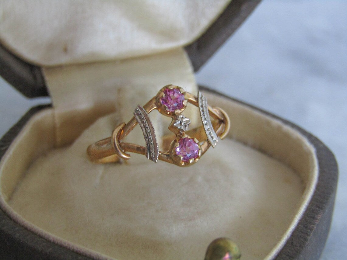 Antique 18K Pink Sapphire Toi et Moi Ring, Vintage French Engagement ring c. 1910