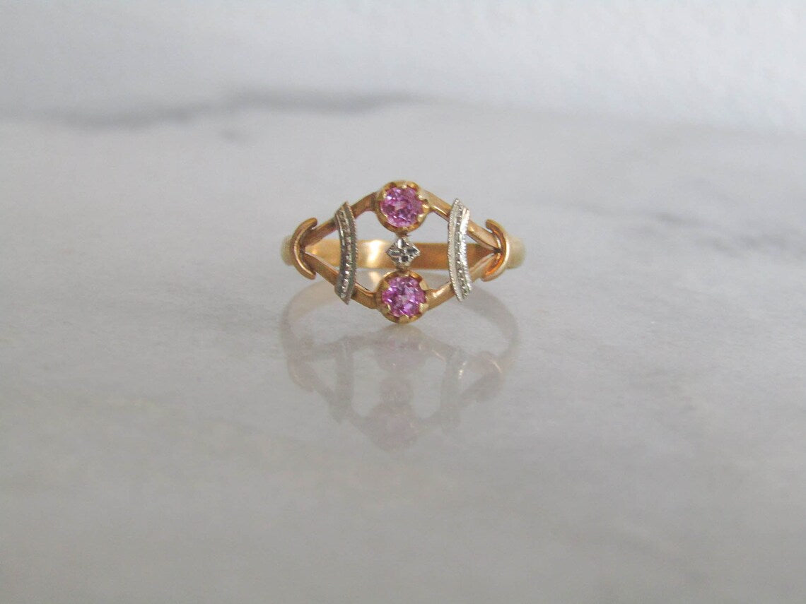 Antique 18K Pink Sapphire Toi et Moi Ring, Vintage French Engagement ring c. 1910