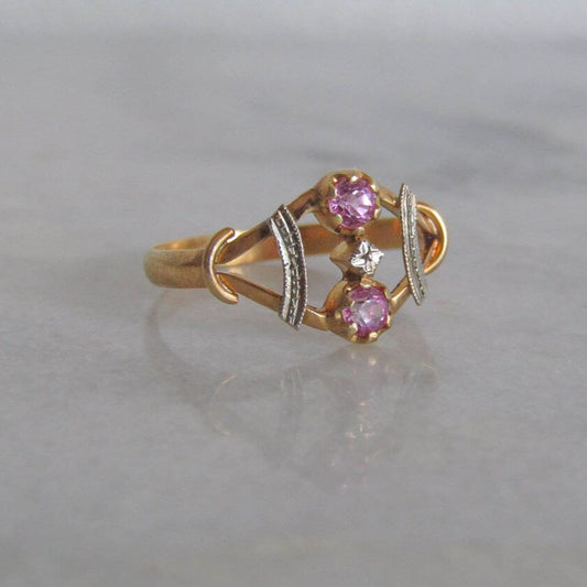 Antique 18K Pink Sapphire Toi et Moi Ring, Vintage French Engagement ring c. 1910