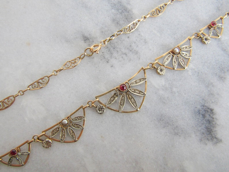 Antique 18K Gold Ruby and Diamond Chip Art Deco Necklace, Drapery Choker Necklace c. 1920