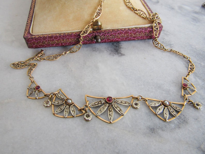 Antique 18K Gold Ruby and Diamond Chip Art Deco Necklace, Drapery Choker Necklace c. 1920