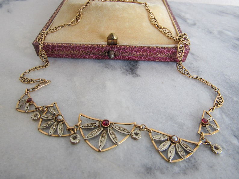 Antique 18K Gold Ruby and Diamond Chip Art Deco Necklace, Drapery Choker Necklace c. 1920