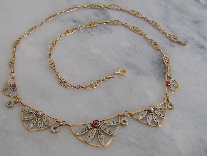 Antique 18K Gold Ruby and Diamond Chip Art Deco Necklace, Drapery Choker Necklace c. 1920