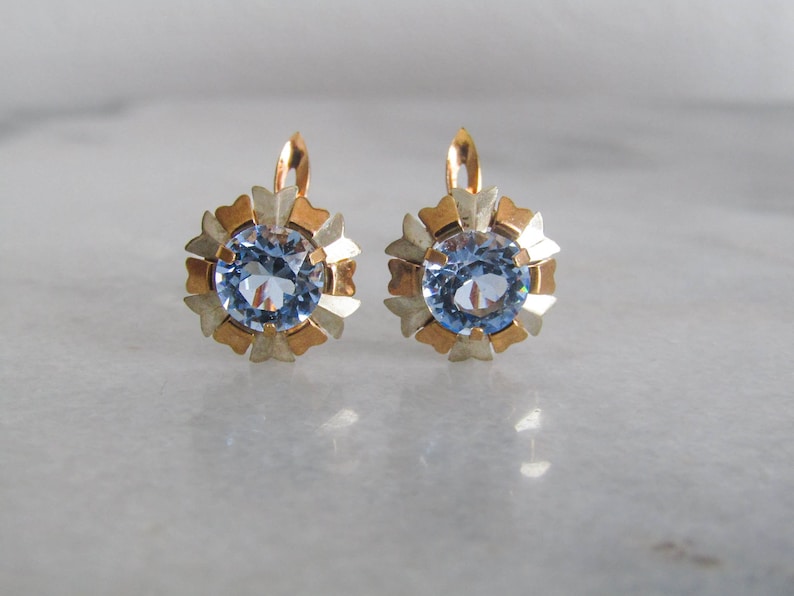 Art Deco 18K Gold Blue Topaz Flower Earrings, Antique Floral Drop Earrings