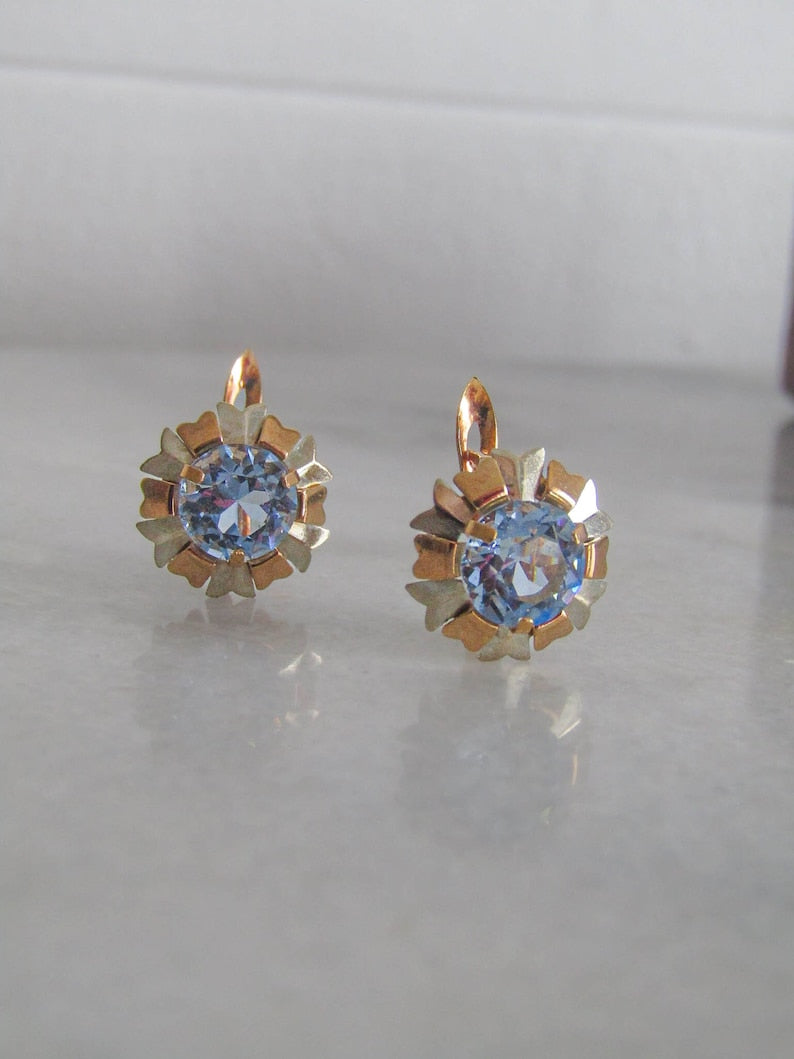 Art Deco 18K Gold Blue Topaz Flower Earrings, Antique Floral Drop Earrings