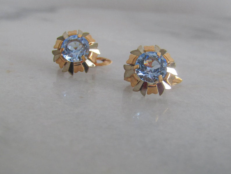 Art Deco 18K Gold Blue Topaz Flower Earrings, Antique Floral Drop Earrings