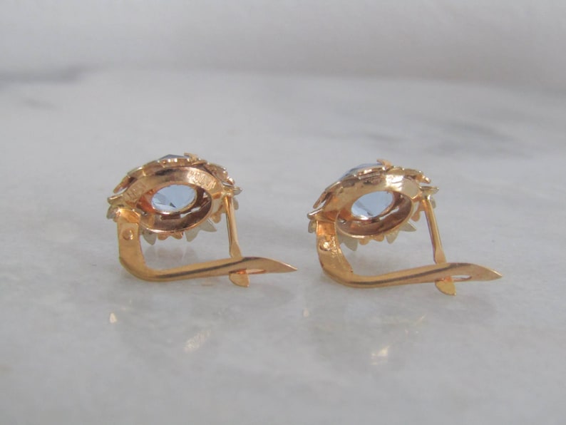 Art Deco 18K Gold Blue Topaz Flower Earrings, Antique Floral Drop Earrings