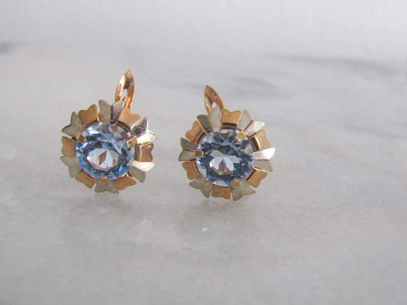 Art Deco 18K Gold Blue Topaz Flower Earrings, Antique Floral Drop Earrings