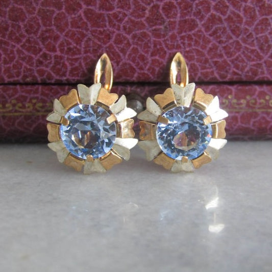 Art Deco 18K Gold Blue Topaz Flower Earrings, Antique Floral Drop Earrings