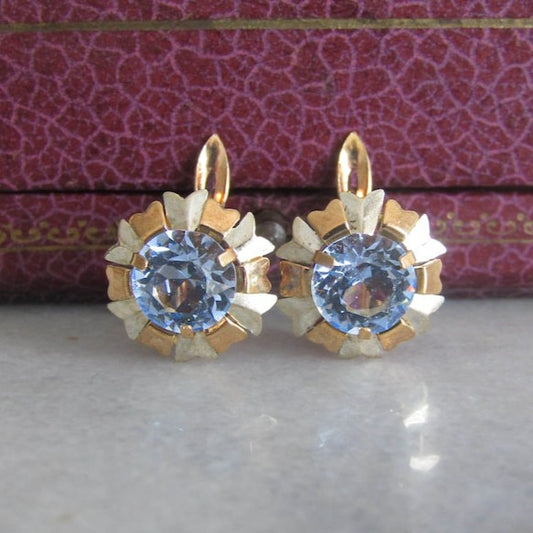 Art Deco 18K Gold Blue Topaz Flower Earrings, Antique Floral Drop Earrings