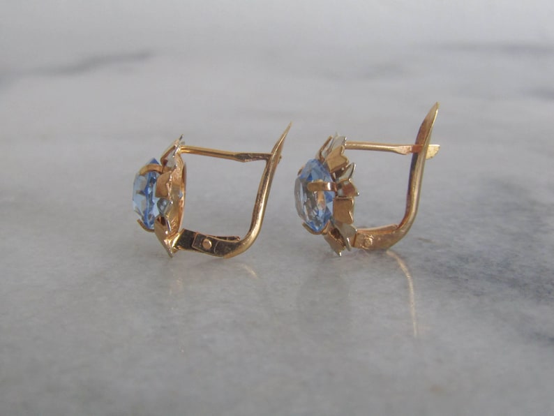 Art Deco 18K Gold Blue Topaz Flower Earrings, Antique Floral Drop Earrings