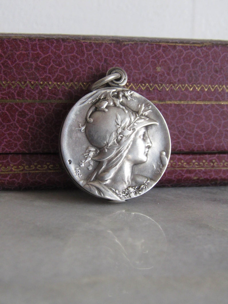 Antique Chain + French Silver Slide Pedant Mirror with Minerva and Diane, Signed Louis RAULT c. 1880