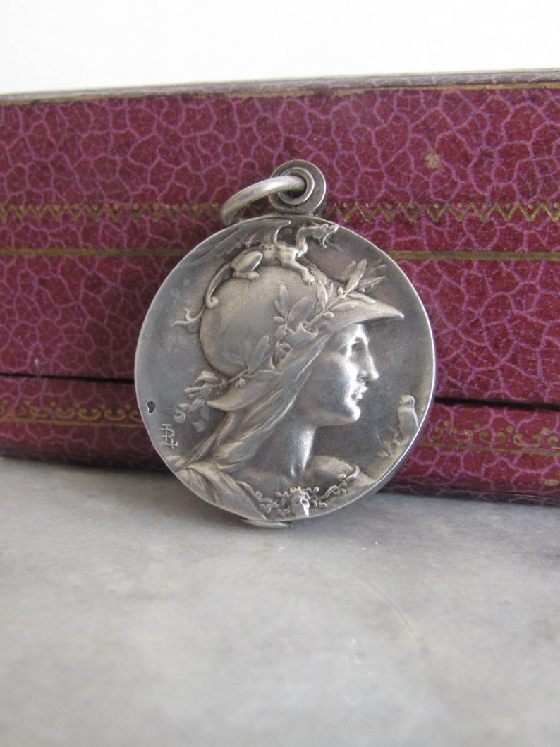 Antique Chain + French Silver Slide Pedant Mirror with Minerva and Diane, Signed Louis RAULT c. 1880