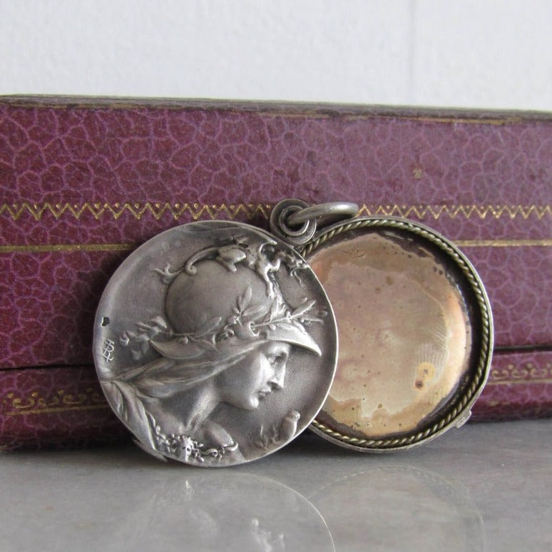 Antique Chain + French Silver Slide Pedant Mirror with Minerva and Diane, Signed Louis RAULT c. 1880