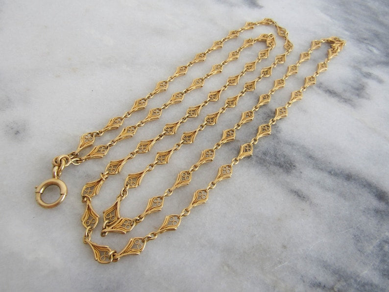 37" 18K Solid Gold Belle Epoque Half Guard Chain with Hanging Bolt Ring c. 1880