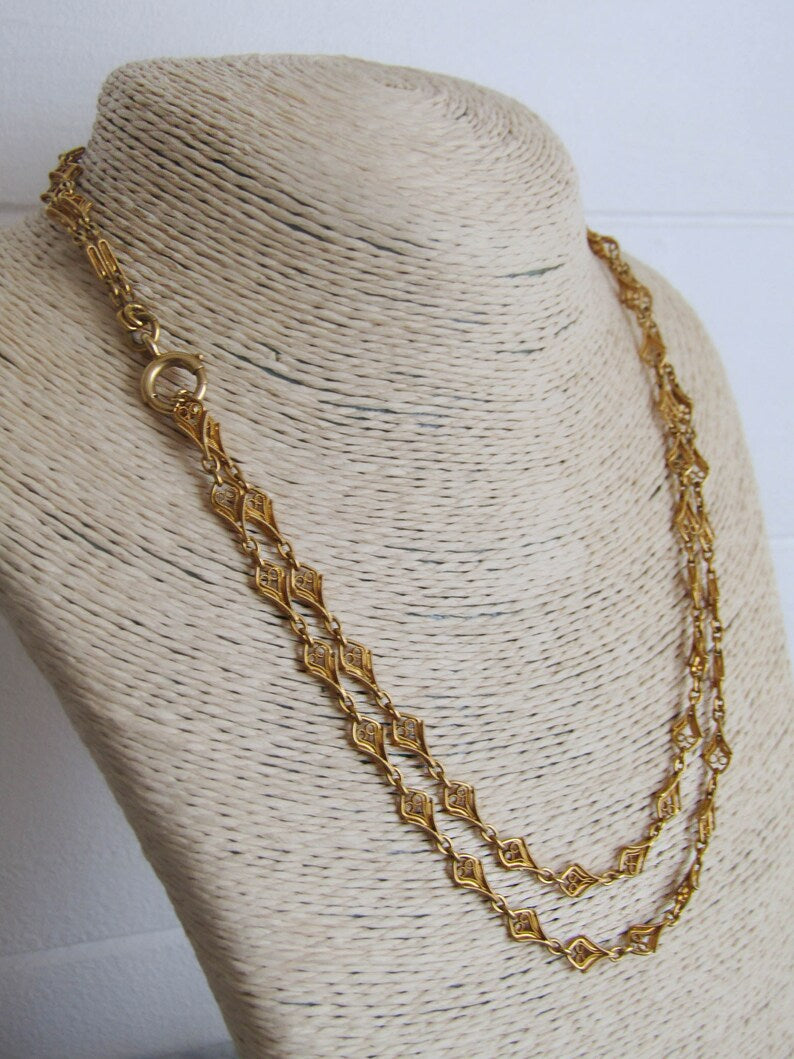 37" 18K Solid Gold Belle Epoque Half Guard Chain with Hanging Bolt Ring c. 1880