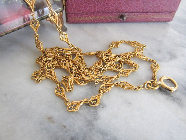 37" 18K Solid Gold Belle Epoque Half Guard Chain with Hanging Bolt Ring c. 1880