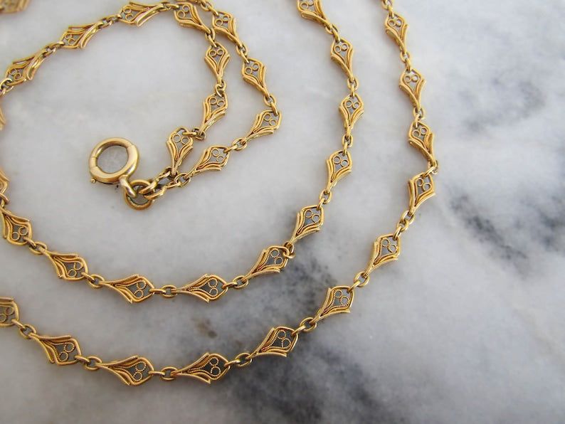 37" 18K Solid Gold Belle Epoque Half Guard Chain with Hanging Bolt Ring c. 1880