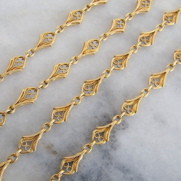 37" 18K Solid Gold Belle Epoque Half Guard Chain with Hanging Bolt Ring c. 1880