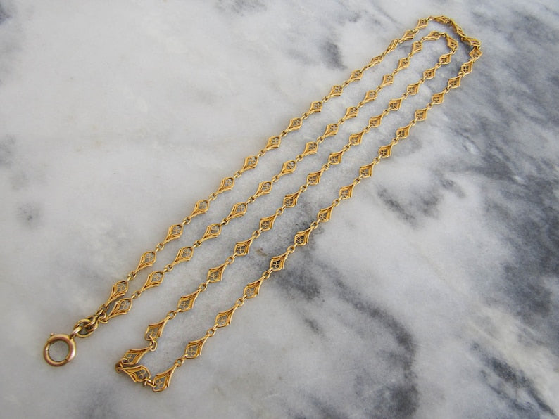 37" 18K Solid Gold Belle Epoque Half Guard Chain with Hanging Bolt Ring c. 1880