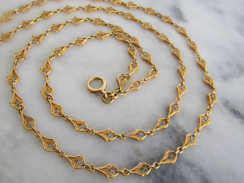 37" 18K Solid Gold Belle Epoque Half Guard Chain with Hanging Bolt Ring c. 1880