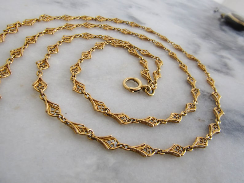 37" 18K Solid Gold Belle Epoque Half Guard Chain with Hanging Bolt Ring c. 1880